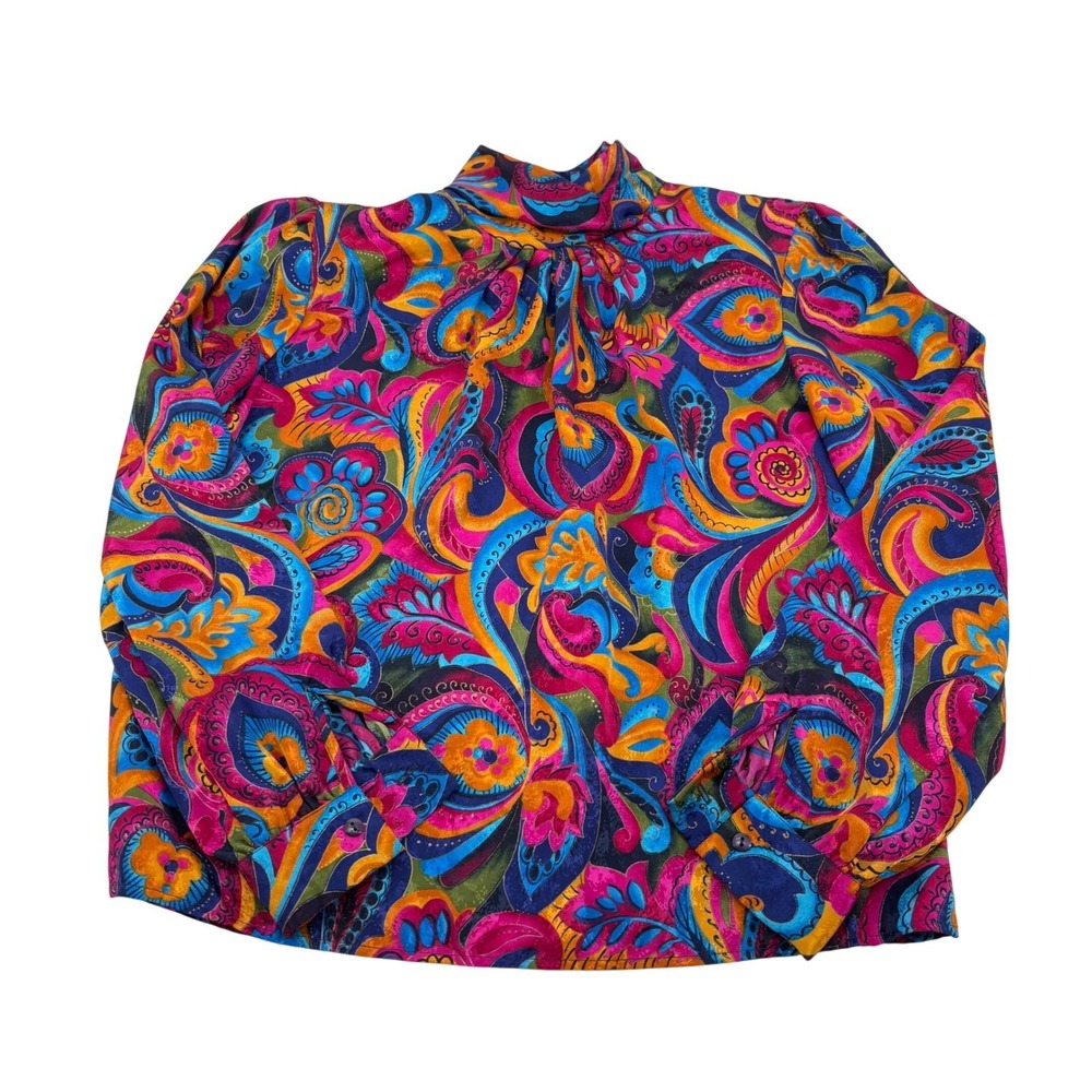 Illustrations Vintage Womens Small Abstract Paisley Mock Neck Long Sleeve Blouse